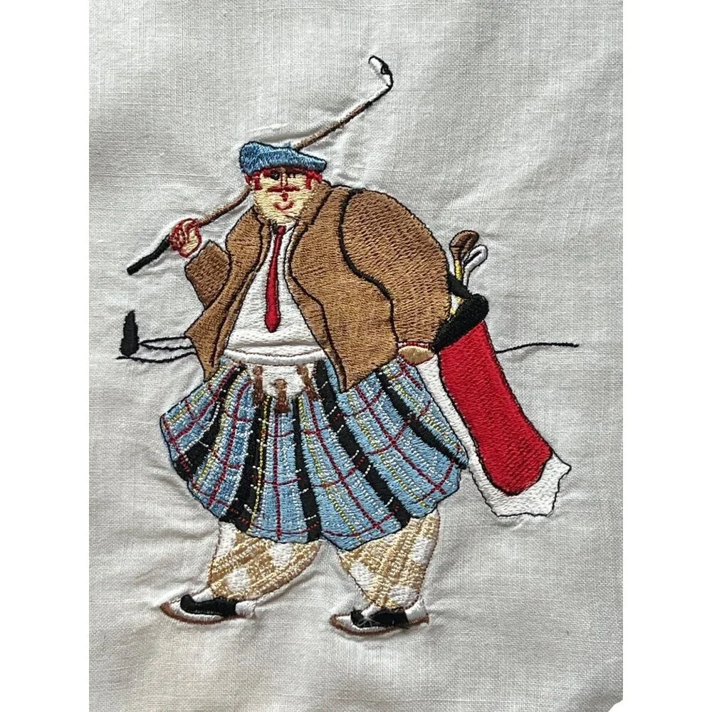 Set Of 2 Embroidered Kiltie Golfers White Tea Towels Golf Gift Decor Dad